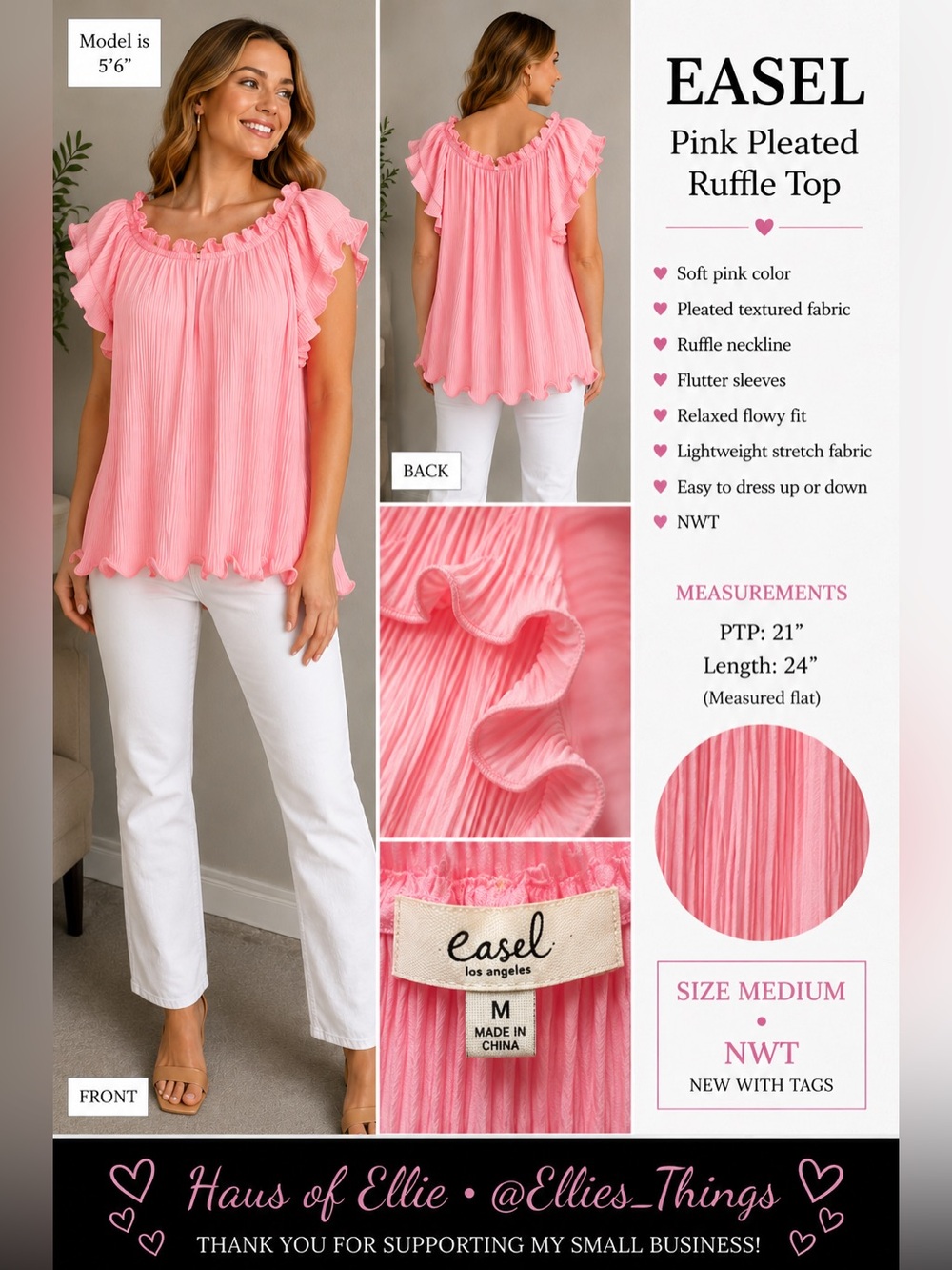 Easel Pink Pleated Ruffle Top NWT Medium